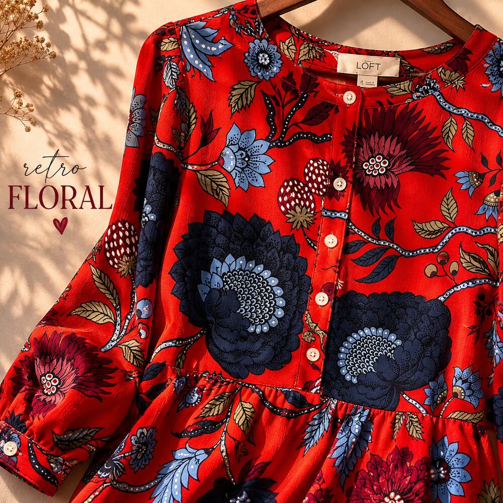 LOFT Red Floral Print Long Sleeve Mini Dress Size 4 Boho Retro Statement Dress